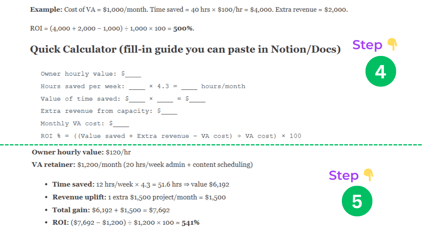 ROI of hiring a virtual assistant explained with calculations and metrics